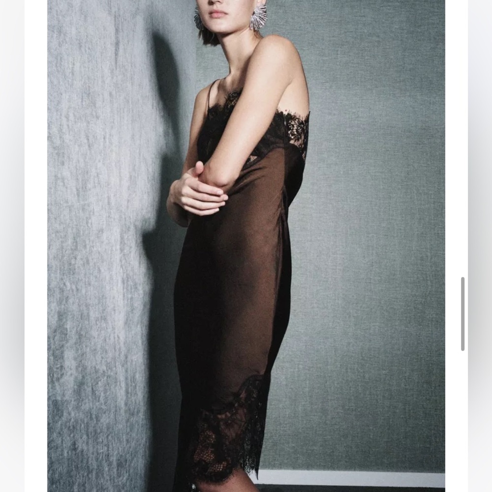 Zara NWT ZW Collection asymmetric satin lace dress brown 4772/113 - Picture 6 of 12